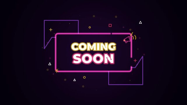 Vibrant Coming Soon neon sign with glowing electric frame on a dark digital background modern anno