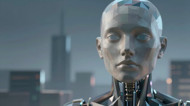 Metallic face gleams with futuristic precision. Sharp edges frame an emotionless, contemplative gaze