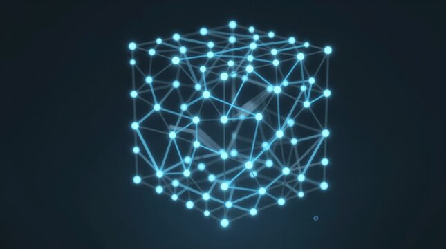 Glowing nodes form a 3D geometric network. Lines connect luminous points in a cube shape