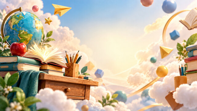 Educational 3D Concept Background With Globe Books And School Supplies