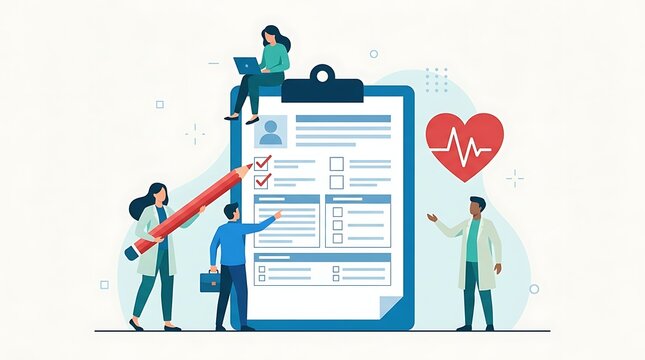 Healthcare professionals collaborating on patient medical records and health checkups