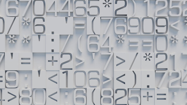 Close-Up of Textured Surface with Complex Pattern of White and Gray Numbers and Symbols for Digital Design, User Interface Development, and Creative Technology Applications
