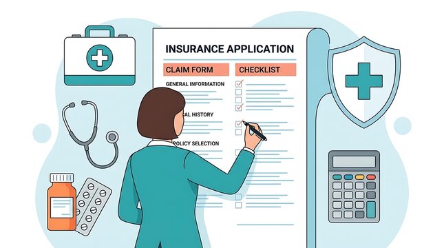 Woman filling out insurance application form with checklist, medical symbols, and calculator