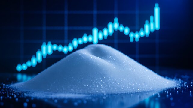 Commodity market concept with white sugar mound and glowing upward price chart representing rising prices, trade and finance
