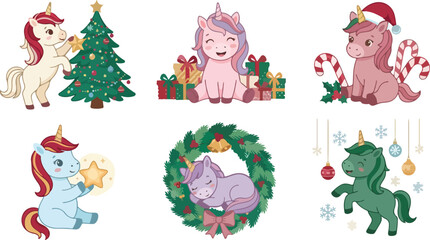 Fototapeta premium Set of cute watercolor unicorns celebrating christmas with decorated pine trees gifts and festive holiday winter season decorations