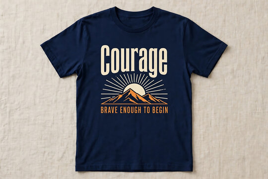 Blue t-shirt with courage text and mountain design