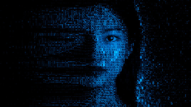 Female Face dissolving into Encrypted Data. Agentic AI Concept.