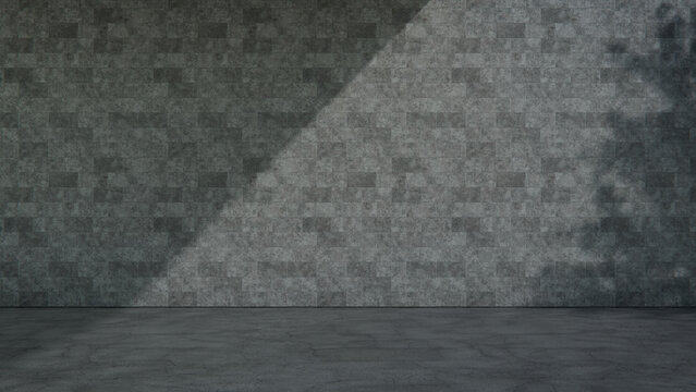 Orderly Staggered Tile Wall Scene with Warm Sunlight and Foliage Shadow. Serenity Concept with copy-space.