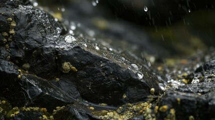 Fototapeta premium Macro photograph of raindrops falling on weathered dark basalt rock with olive-green olivine crystals, thin mineral film and moss beginning to grow in the cracks, water beading on the rough surface