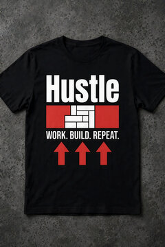 Black t-shirt with hustle text and red arrows design