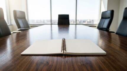 Naklejka na ściany i meble Open blank notebook on a professional wooden boardroom table with a modern office city view