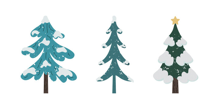 Set of Three Snowy Christmas Pine Trees Transparent PNG Asset Collection Featuring Evergreen Coniferous Artwork Layouts