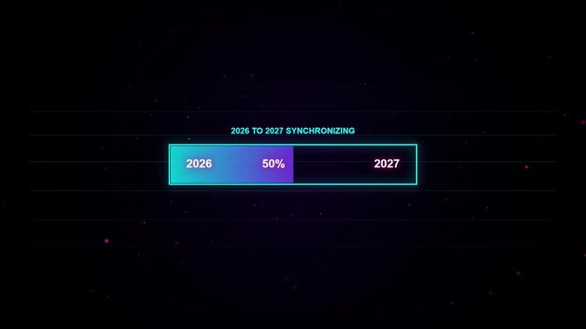 2026 to 2027 year transition progress bar animation, futuristic digital data loading interface for new year countdown and tech presentation