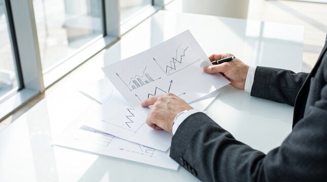 Businessman analyzing financial charts on a desk with copy space