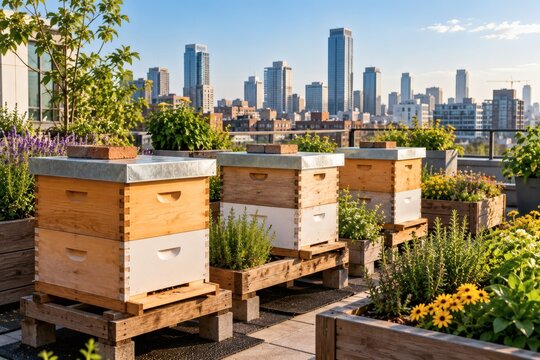 Rooftop Beekeeping Setup with Hive Boxes and City Skyline