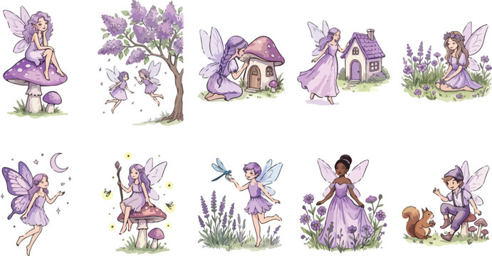 Set of cute watercolor fairy illustrations in purple outfits with flowers and magical elements on a white background