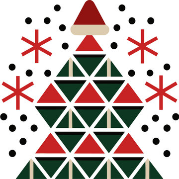 Geometric Christmas Tree with Santa Hat, Snowflakes and Festive Triangle Pattern, Editable Vector Isolated on Transparent Background