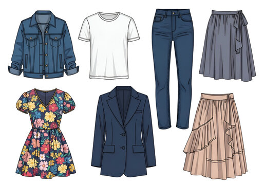 Fashion outfit collection isolated illustration jeans jacket dress skirt blazer t-shirt