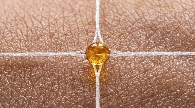 Macro skincare serum drop on dry human skin texture, golden cosmetic oil droplet nourishing skin pores, hydrating skin therapy concept