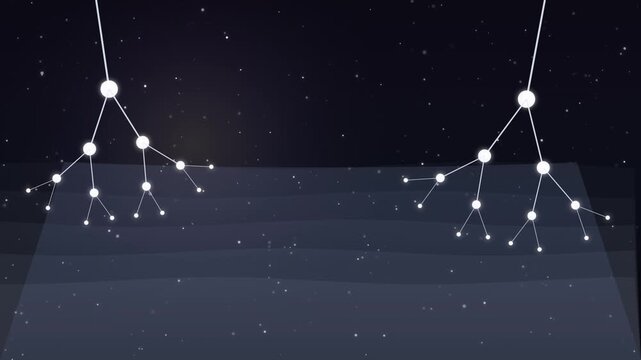 Abstract digital network connection animation, glowing data nodes and tree structure particles on dark background, for technology presentation