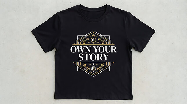 Black t-shirt with white text and graphic design