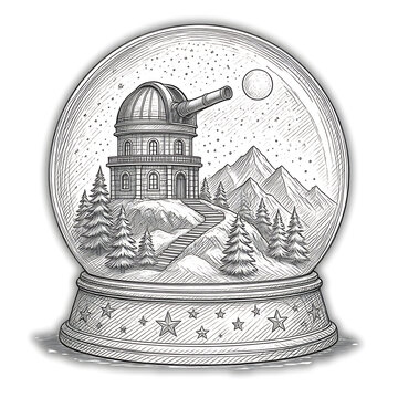 Winter snow globe featuring observatory in mountain landscape for