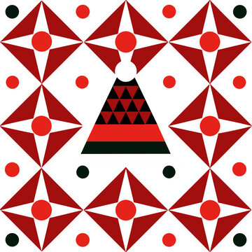 Geometric Christmas Tree with Santa Hat, Snowflakes and Festive Triangle Pattern, Editable Vector Isolated on Transparent Background