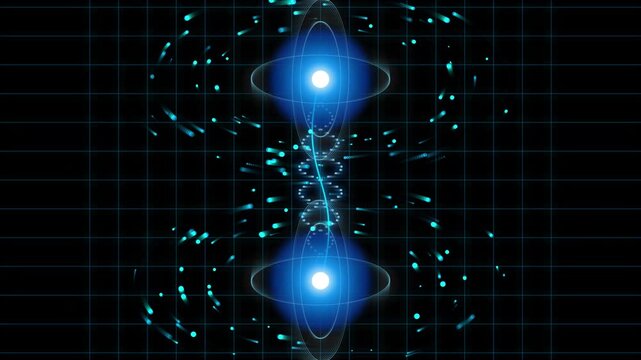 Abstract quantum entanglement resonance animation with glowing blue particles on a dark grid background
