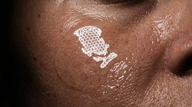 microneedle skincare patch on wet human skin, futuristic anti-aging beauty treatment sticker, transdermal cosmetic technology macro photography