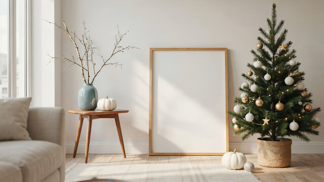 Empty wooden picture frame mockup in a cozy living room with a decorated christmas tree and autumn pumpkins on a wooden side table