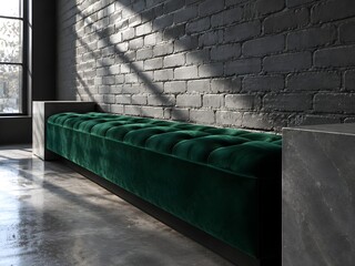 Obraz premium Grey painted brick wall behind a long tufted bench in emerald velvet with plain stone plinths at each end