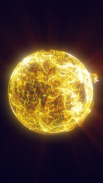 Radiant golden energy sphere formed by glowing particles and flowing waveforms, emitting bright rays against a dark futuristic background.