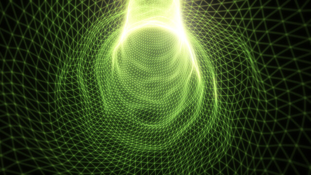 Bright green wireframe rings recede into an abstract tunnel, with triangular patterns and floating white particles against deep darkness.