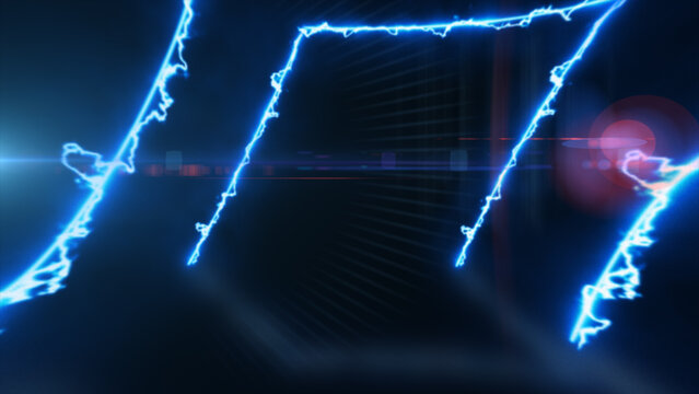 Blue electric neon portal with jagged glowing frames, digital grid perspective, and cinematic lens flare on a dark futuristic background.