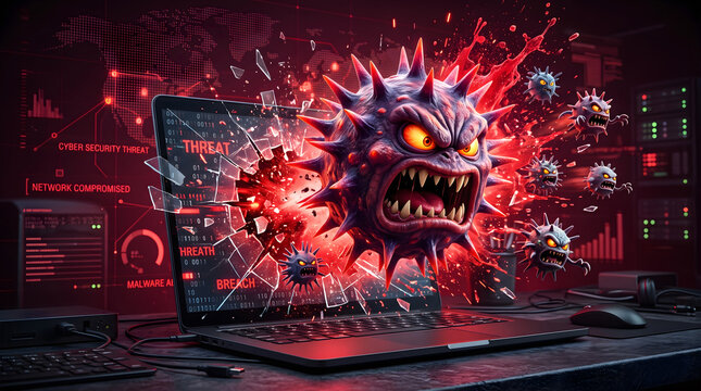 A large menacing spiky purple virus monster with glowing yellow eyes and sharp teeth bursting aggressively out of a shattered laptop screen with smaller minions amidst red binary code and dark data