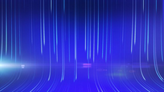 Deep blue abstract background with sparse vertical neon light lines, glowing horizon flare, and futuristic digital energy atmosphere.