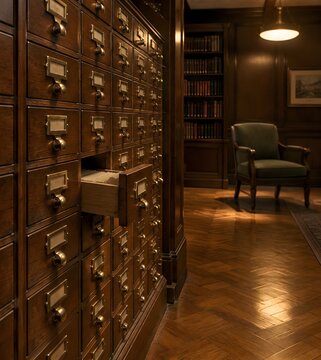 Tall oak card catalog cabinet with rows of brass handled drawers standing in a dim library corner