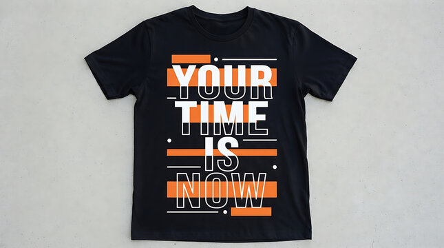 Black t-shirt with orange and white text design