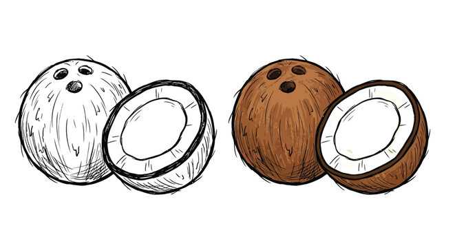 Coconut illustration with a whole fruit and a halved section on white