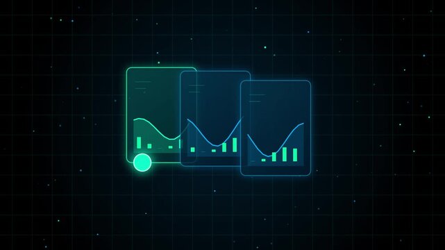 Digital financial analytics dashboard with animated bar charts and line graphs data visualization finance
