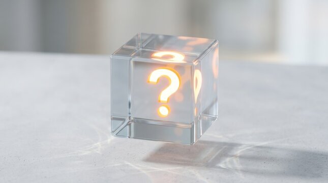 Glowing Question Mark Inside Transparent Glass Cube Concept Showing Uncertainty and Solution Finding Strategy for Business Problem Solving