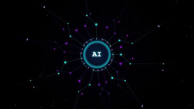 Abstract holographic artificial intelligence network loop seamless animation with glowing connections on black background