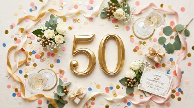 Golden fiftieth anniversary celebration flat lay with champagne glasses confetti white roses ribbons and gift boxes for a joyous milestone event