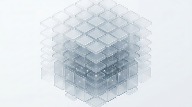 Abstract 3d cube structure made of translucent glass blocks with glowing light connections isolated on white background