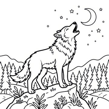 Wolf howling at the moon coloring page