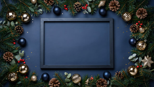 Christmas frame made of fir branches, pine cones, and gold and dark blue ornaments on a dark blue background with copy space for text