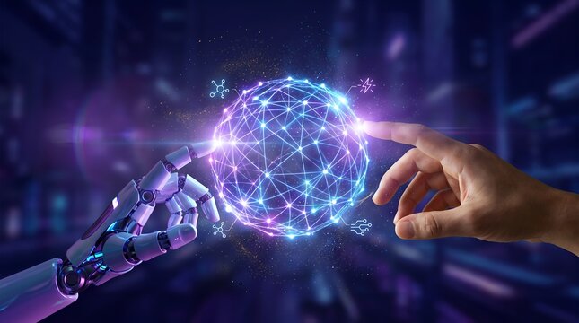 Global digital network integration showing human and robotic hands connecting glowing sphere representing internet of things