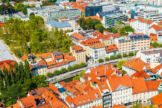 Aerial view of Ljubljanica river and center of Ljubljana, capital of Slovenia 