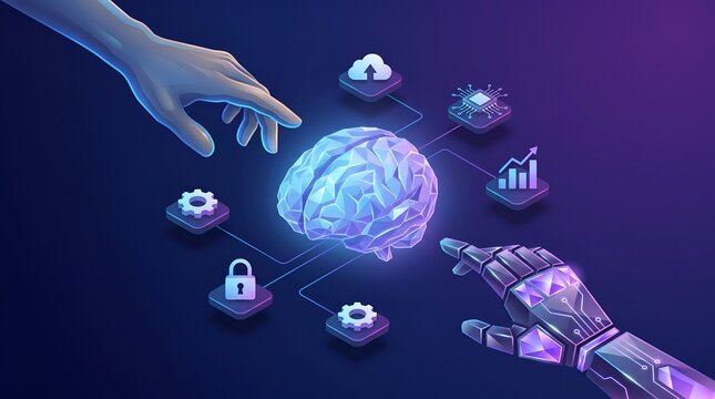 Machine learning architecture visualization displaying low poly brain connected to cloud security and processing nodes