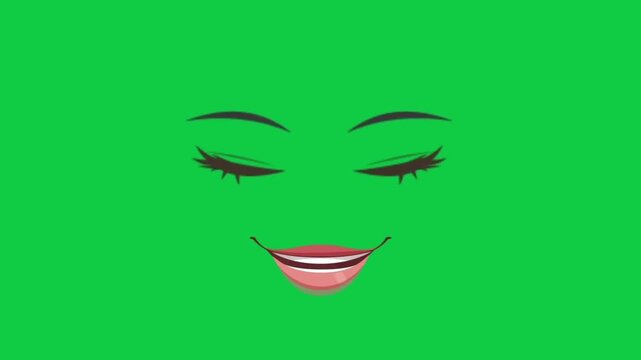 Cute animated cartoon woman face blinking eyes and smiling on a keyable green screen background
